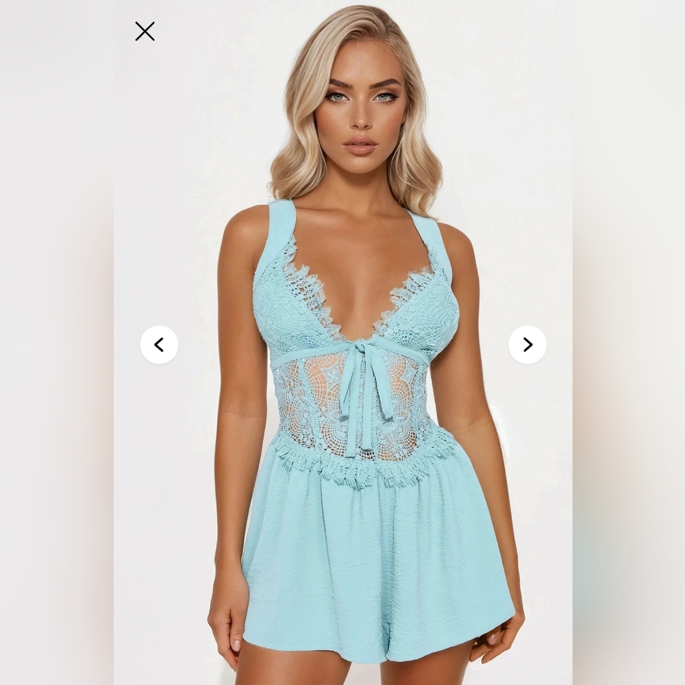 Chic Lace-Trimmed Aqua Romper